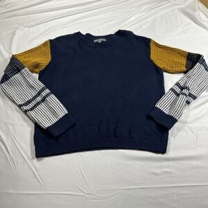 Cable Stitch Navy Blue Yellow Contrast Sleeve Sweater 100% Cotton Women's Large